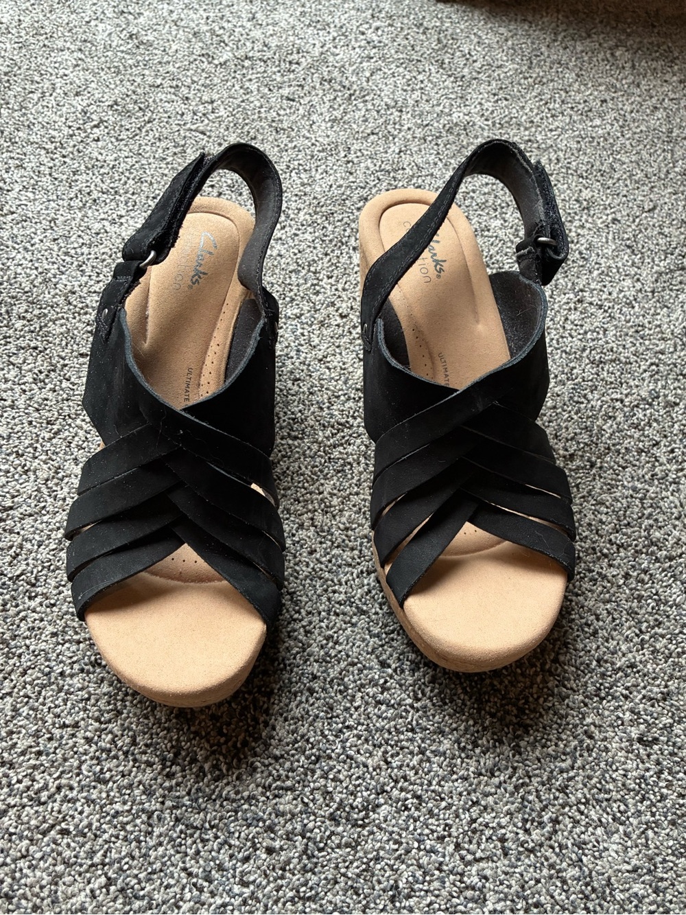 Clarks Collections Black Suede Wedge Sandals, Size 9.5 M